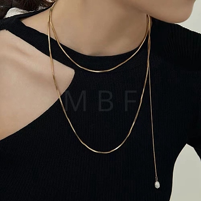 304 Stainless Steel Round Snake Chain Necklace with Acrylic Pearl Tassel Charm for Women NJEW-P271-07G-1