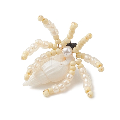 Faceted Round Natural Black Spinel & Natural Trumpet Shell & Glass Seed Beaded Crab Pendants PALLOY-MZ01177-02-1