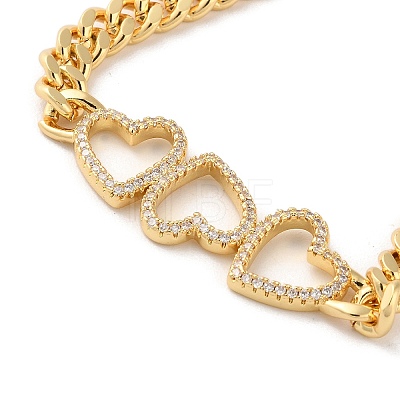 Brass Micro Pave Clear Cubic Zirconia Triple Hollow Heart Cuban Link Chains Bracelets for Women BJEW-M322-05G-A-1