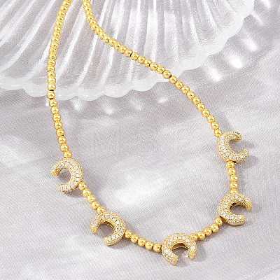 Brass Micro Pave Clear Cubic Zirconia Double Horn and Round Beaded Necklaces KK-CBA4547-06G-1