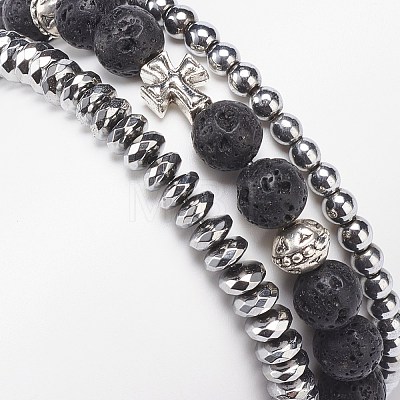 3Pcs 3 Style Natural Lava Rock & Synthetic Hematite Stretch Bracelets Set BJEW-JB08692-1