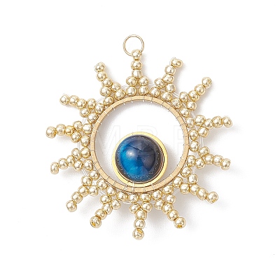 Dyed Round Natural Tiger Eye with Glass Seed Beaded Sun Pendants PALLOY-MZ01082-01-1