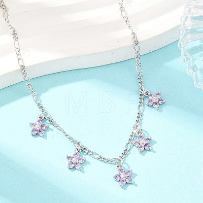 Brass Pave Lilac Cubic Zirconia Flower Pendant Figaro Chain Bib Necklaces for Women NJEW-F364-01P-1