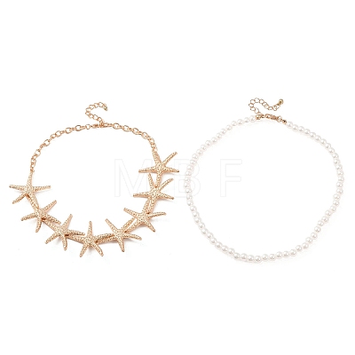 Ocean Imitation Pearl Beaded Alloy Starfish Bib Necklace Sets NJEW-Z116-03G-1