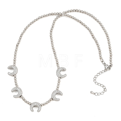 Brass Micro Pave Clear Cubic Zirconia Double Horn and Round Beaded Necklaces KK-CBA4547-06P-1