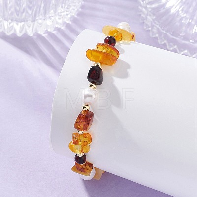 Natural Amber & Cultured Freshwater Pearl & Brass Beaded Bracelets for Women BJEW-JB13660-1
