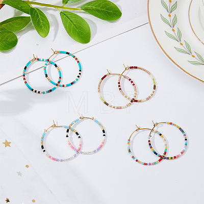 FIBLOOM 4 Pairs 4 Colors Bohemian Style Miyuki Seed Beaded Hoop Earrings EJEW-FI0001-83-1