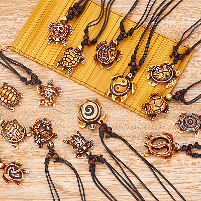 ANATTASOUL 15Pcs 15 Styles Tortoise Resin Pendant Necklaces Set with Adjustable Cotton Cords NJEW-AN0001-51B-1