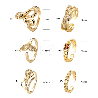 6Pcs 6 Styles Adjustable Brass Micro Pave Clear Cubic Zirconia Cuff Rings RJEW-LS0001-21G-1