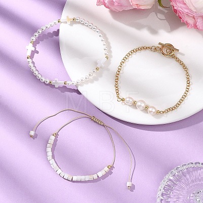 3Pcs 3 Styles Shell Pearl Beaded Stretch Bracelets & Brass Rolo Chains Bracelets & Natural Cultured Freshwater Pearl Beaded Braided Bead Bracelets for Women BJEW-JB12786-1
