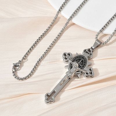 Religion 201 Stainless Steel Enamel Saint Benedict Crucifix Cross Pendant 304 Stainless Steel Box Chain Necklaces SA-CBA3211-03P-1