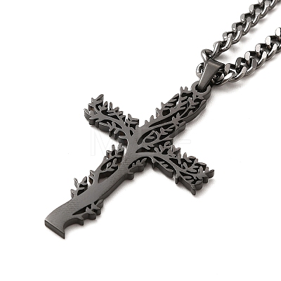 304 Stainless Steel Cross with Tree of Life Pendant Necklaces NJEW-M197-03B-1