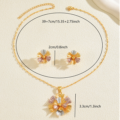 Vintage Brass Flower Stud Earrings & Pendant Necklaces Sets for Women FI9595-1
