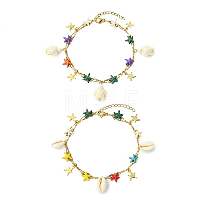 2Pcs 2 Styles Ocean Dyed Synthetic Turquoise Starfish Link Chain Anklets AJEW-AN00818-1