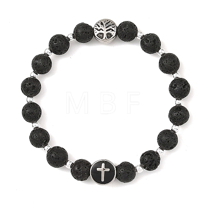 Natural Lava Rock Round Beaded Stretch Bracelets with 304 Stainless Steel Cross Tree of Life for Women BJEW-JB14251-1