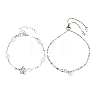 Brass Pave Clear AB Cubic Zirconia Bowknot Star Link Bracelet Sets for Women KK-CBA6599-03P-1