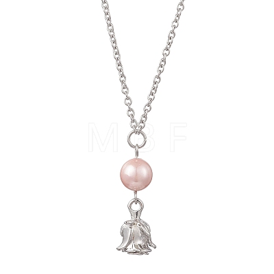 Alloy Rose Flower and Round Shell Pearl Pendant 304 Stainless Steel Cable Chain Necklaces for Women NJEW-JN05759-01-1