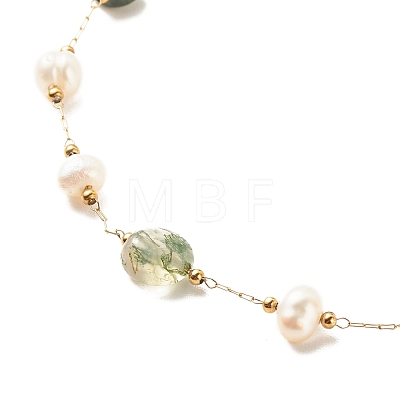 Natural Moss Agate & Pearl Beaded Anklet AJEW-AN00500-01-1