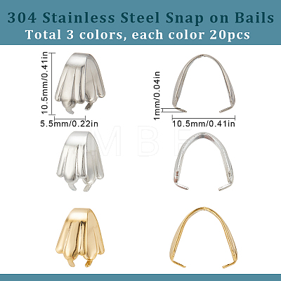 60Pcs 3 Colors 304 Stainless Steel Snap on Bails STAS-SC0005-56-1