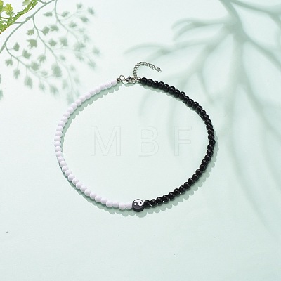 Polymer Clay Yin Yang & Acrylic Round Beaded Necklace for Women NJEW-JN03925-1