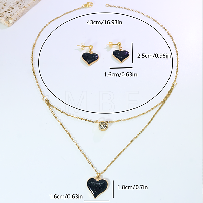 Stainless Steel Micro Pave Cubic Zirconia Stud Earrings & Pendant Double Layer Necklaces Sets for Women RT8932-1