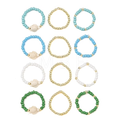 3Pcs Synthetic Turquoise & Hematite & Glass Seed Beaded Finger Rings RJEW-JR01092-1