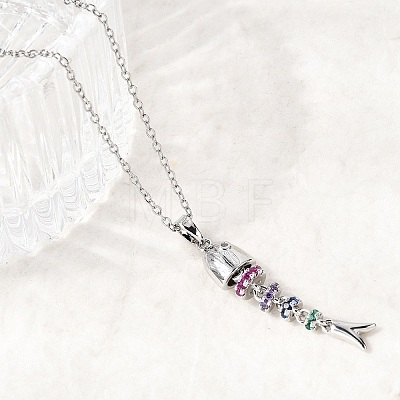 201 Stainless Steel Pave Colorful Cubic Zirconia Fish Bone Pendant Necklaces for Women NJEW-C111-02B-P-1