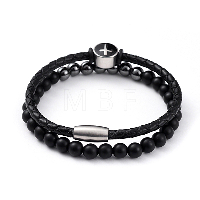 Unisex Leather Cord Bracelet and Stretch Bracelet Jewelry Sets BJEW-JB04786-03-1