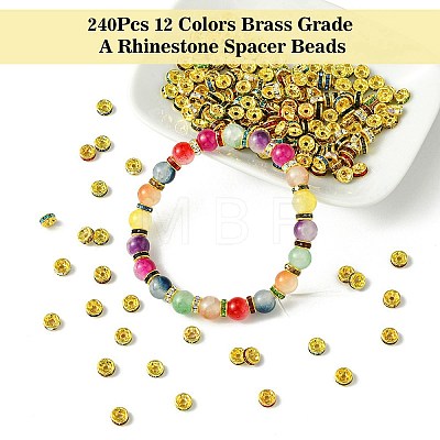 240Pcs 12 Colors Brass Grade A Rhinestone Spacer Beads KK-YW0002-34G-1