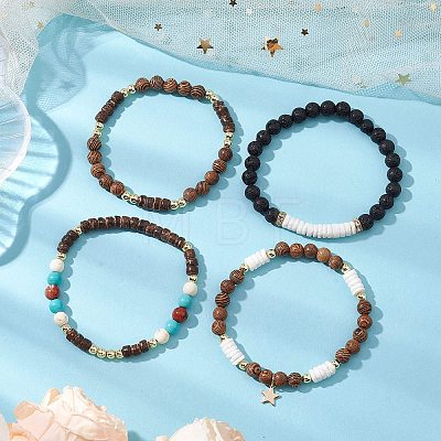 4Pcs 4 Styles Wood & Natural Lava Rock Round Beaded Stretch Bracelet Sets BJEW-JB10811-1