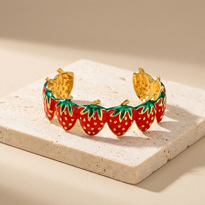 304 Stainless Steel Enamel Red Strawberry Open Cuff Bangles for Women WG62D08-01-1