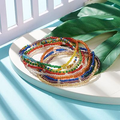 9Pcs 9 Color Glass Seed Beaded Stretch Anklets Set AJEW-AN00485-1