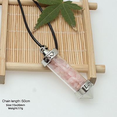 Zinc Alloy with Glass Hexagonal Bottle with Inner Natural Rose Quartz Chips Pendant Black PU Leather Cord Necklaces ZW0534-10-1