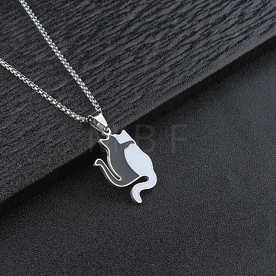 304 Stainless Steel Enamel Black and White Cat Shaped Pendant Box Chain Necklaces for Men WG4CCE4-01-1