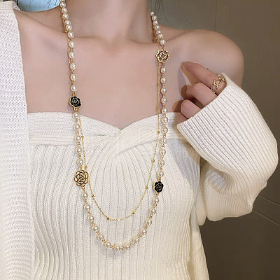 Wrap Style Alloy Black Enamel Flower & Plastic Imitation Pearl Round Beads Link Chain Long Necklaces for Women FS-WGD2267-09-1