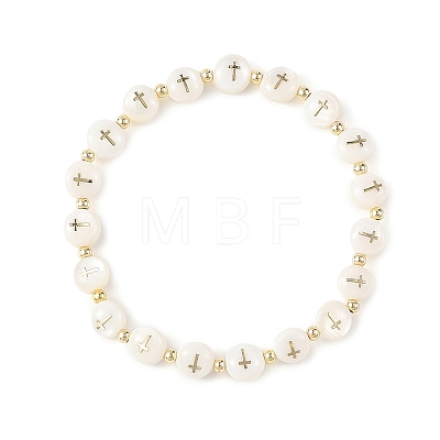 Natural Freshwater Shell Flat Round with Cross Beaded Stretch Bracelets for Women BJEW-JB14238-1
