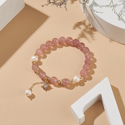 Natura Strawberry Quartz & Pearl Beaded Stretch Bracelet BJEW-JB09004-1