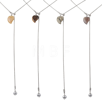 Natural Grey Agate & Topaz Jade & Tiger Eye & Dalmatian Jasper Heart with Synthetic Non-magnetic Hematite Beads Pendant 304 Stainless Steel Snake Chain Lariat Necklaces NJEW-JN05897-1