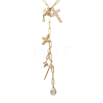 304 Stainless Steel Pave Clear Cubic Zirconia Religion Cross Teardrop Pendant Y Long Tassl Lariat Necklaces for Women NJEW-G199-04G-1
