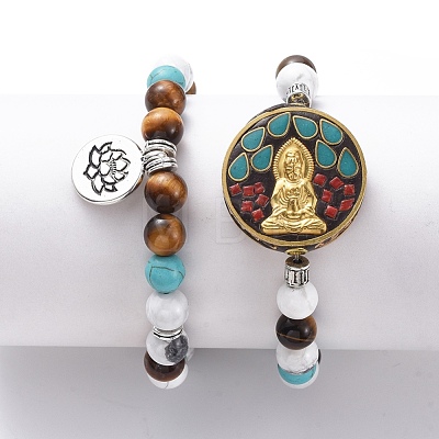 Buddhist Theme Guan Yin & Lotus Stretch Bracelets Sets BJEW-JB04874-1