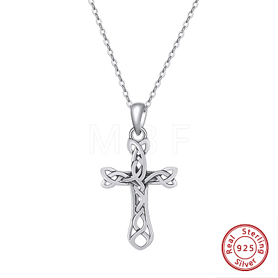 Rhodium Plated 925 Sterling Silver Knot Cross Pendant Necklaces for Women NJEW-F323-03P-1