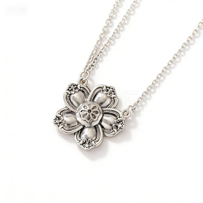 Vintage Alloy 5-Petal Flower Pendant 2-Strand Cable Chain Necklaces for Women WGE0472-01-1