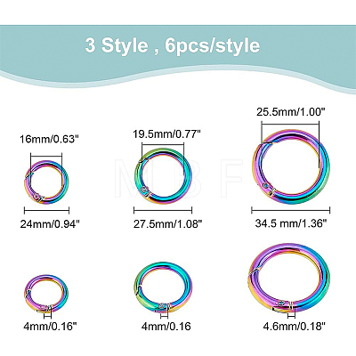 18Pcs 3 Styles Rainbow Color Zinc Alloy Spring Gate Rings FIND-BC0003-38-1