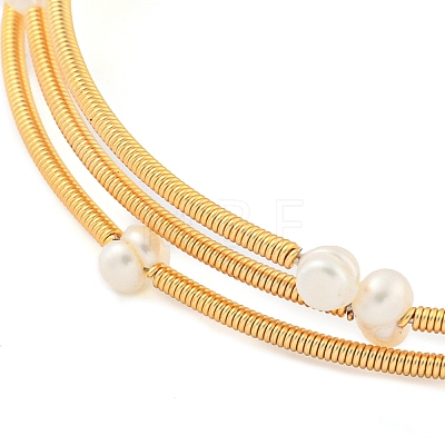 Three-Loops Brass & Natural Freshwater Pearl Beaded Wrap Bracelets for Women BJEW-F470-01G-1