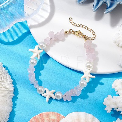 Starfish Synthetic Turquoise & Natural Rose Quartz Chip Beaded Bracelets for Women BJEW-JB11264-03-1