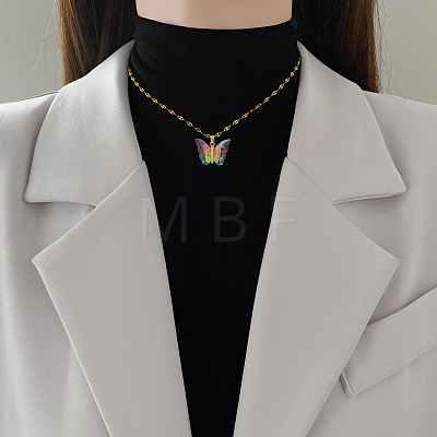 Brass Crystal Rhinestone Resin Glitter Butterfly Pendant 304 Stainless Steel Dapped Chain Necklaces for Women WG45291-03-1