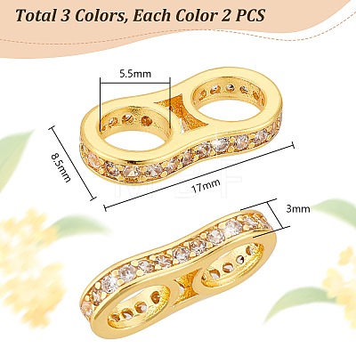  6Pcs 3 Colors Brass Pave Clear Cubic Zirconia Connector Charms KK-PH0006-66-1