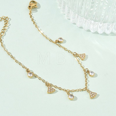 304 Stainless Steel Pave Clear Cubic Zirconia Triangel Charm Bracelets for Women BJEW-C151-03G-1