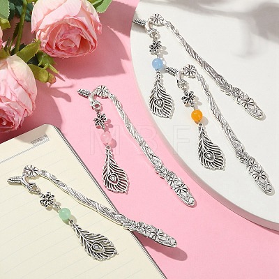 Natural & Dyed Malaysia Jade Round Beaded Alloy Bookmarks AJEW-JK00292-1