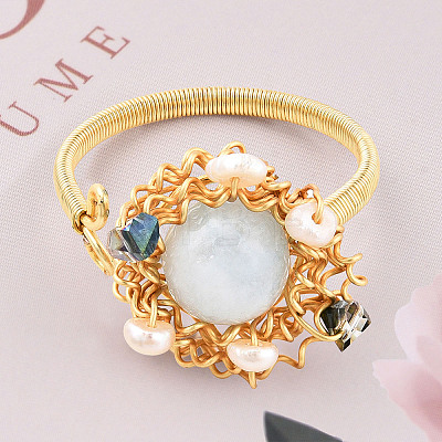 Natural Pearl & Gemstone Braided Beaded Flat Round Open Cuff Ring RJEW-T026-10G-1